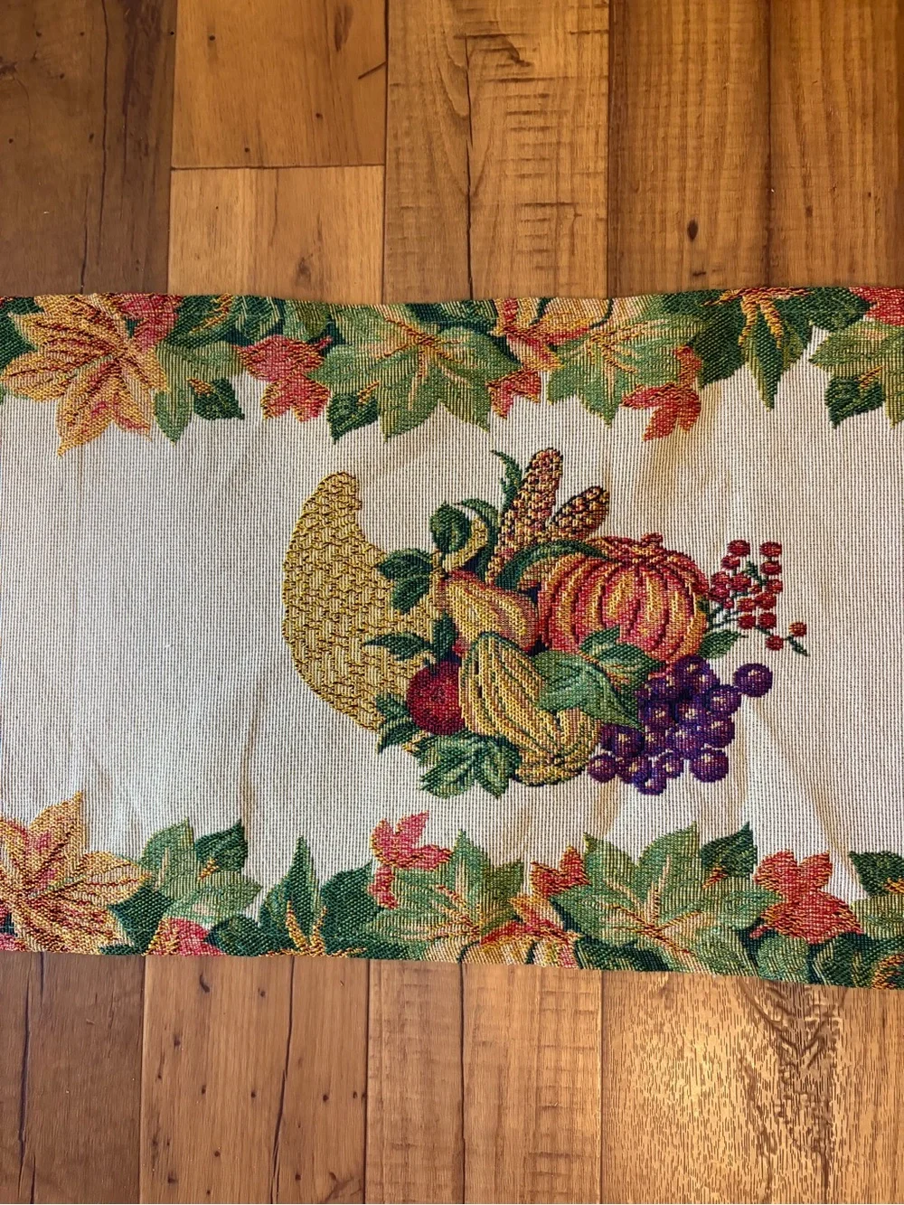 Harvest Cornucopia Tapestry Table Runner in Cream, Orange, Green 68x13 EUC